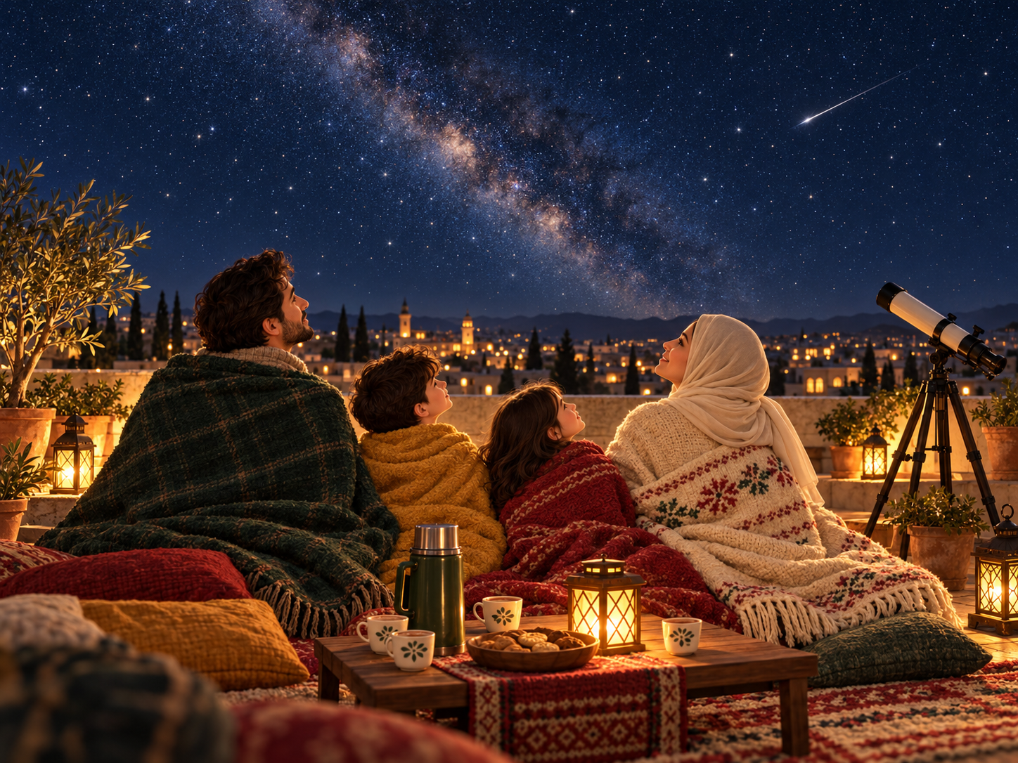 خانوادهای چهارنفری در حال تماشای آسمان شب